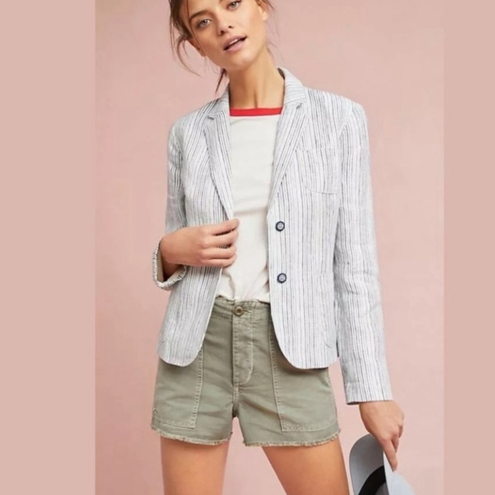 Anthropologie Cartonnier Linen Blue and White Stripe Blazer Jacket Size 8